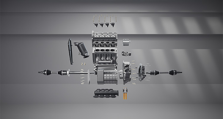 an exploded view of the Horse Powertrain's Future Hybrid Concept