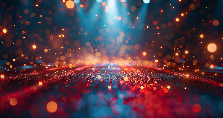 vibrant futuristic visuals with glowing tech symbols in a blurred bokeh effect,