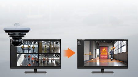 Hanwha Vision Multi-directional Pan-tilt-zoom camera is seen viewing different parts of a facility at once