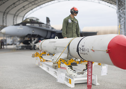 U.S. Marines with Marine Fighter Attack Squadron (VMFA) 115 practice loading an ATM-84K SLAM-ER missile on an F/A-18D Hornet aircraft