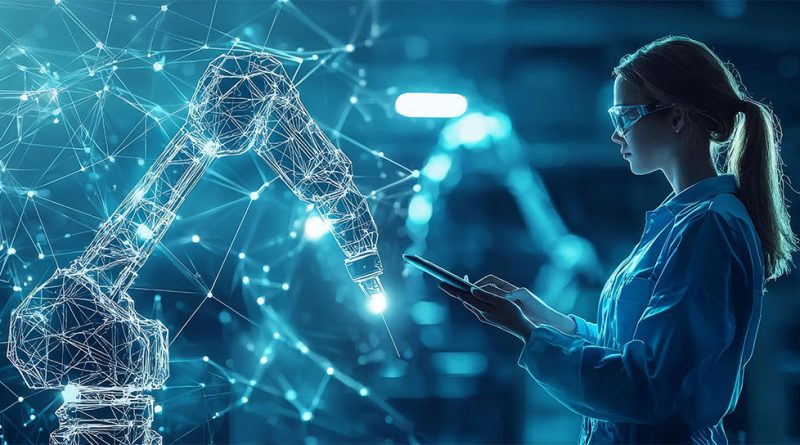 Why Manufacturing AI Fails (and How to Fix It) Manufacturing AI visual with digital machinery and female engineer