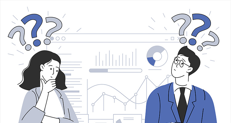 Paula Yarwood looks at how cloud ERP has evolved a man and a woman, appearing thoughtful or perplexed, indicated by question marks above their head