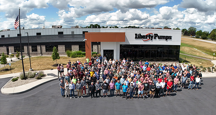 Liberty Pumps prioritizes the provision of high-quality, innovative products alongside the development and involvement of its team employee-owners of Liberty Pumps gathered in front of their facility in Bergen, New York.