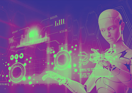 a humanoid robot interacting with a futuristic, holographic user interface