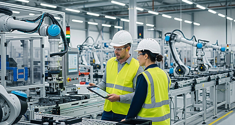 How ASICs are unlocking new potential in UK manufacturing two factory workers, wearing hard hats and high-visibility vests, examining a tablet in a modern manufacturing facility