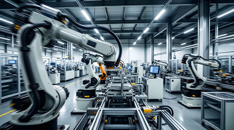 Robotic arms operating in a high-tech US manufacturing facility powered by AI