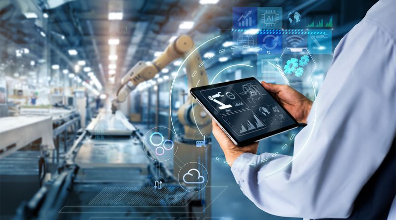 Factory floor with AI driven manufacturing technology and automated systems in operation