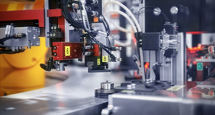 a close-up view of complex industrial automation machinery