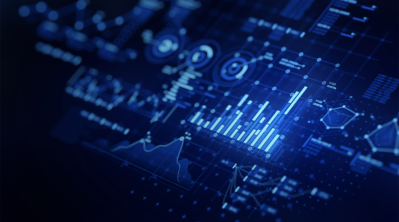 Digital dashboard displaying supply chain analytics with charts, graphs, and real-time data visualisation on a blue interface.