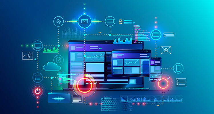 How can modern CMS platforms transform manufacturer websites? an abstract, futuristic illustration of a digital ecosystem or interconnected technology platform.