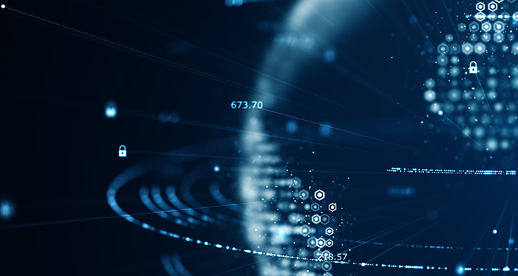 a digital illustration representing the concept of technology data network connections and cybersecurity.