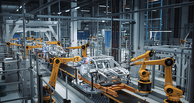 a modern, automated automotive assembly line featuring robotic arms assembling car chassis.