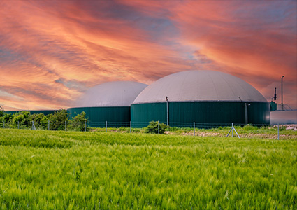  a biogas plant set within a field of green crops