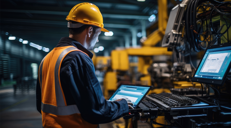 Factory worker using digital tablet to monitor automated manufacturing equipment