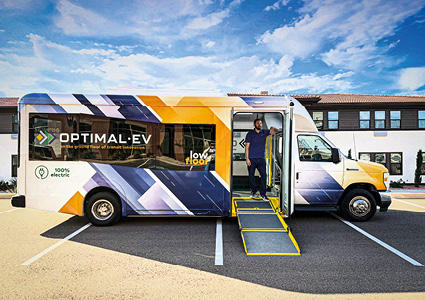 the Optimal-EV S1LF, an all-electric, low-floor shuttle bus
