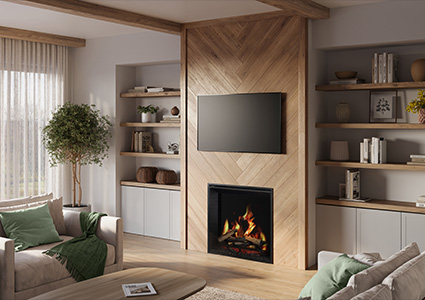 a modern gas fireplace integrated into a wood-paneled wall