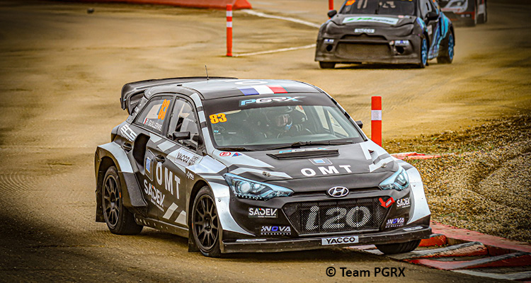 A Hyundai i20 rally car competes in the FIA World Rallycross Championship for Team PGRX