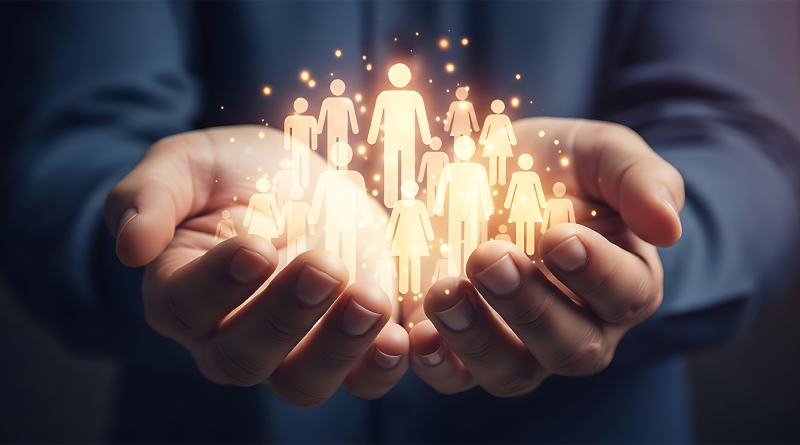Hands holding glowing digital figures representing a workforce, symbolising investment in people, talent development, and workforce growth.
