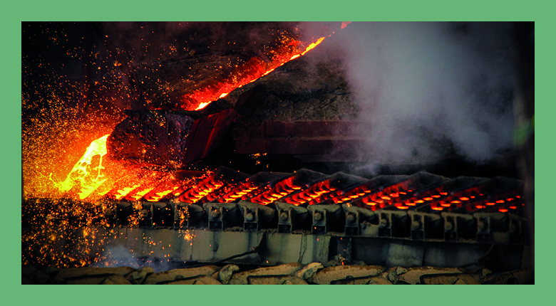 an industrial pig iron casting machine in operation