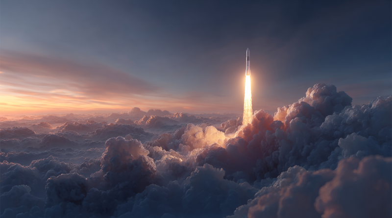 A rocket launching above a dense layer of clouds at sunrise, its engines blazing as it ascends into the upper atmosphere, symbolising space exploration and advanced aerospace engineering.
