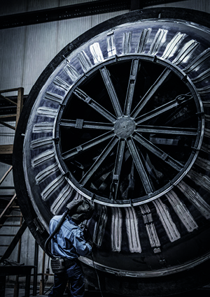 a large industrial gas turbine engine during a maintenance or fabrication