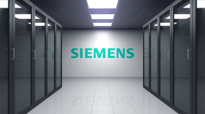 Siemens logo inside a modern server room representing industrial technology