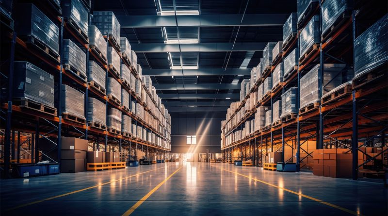 Modern warehouse interior with tall industrial pallet racking on both sides, stacked with wrapped inventory and boxes. Wide central aisle with polished concrete flooring, overhead industrial lighting, and sunlight streaming in from the far end, creating a clean, organized logistics and storage facility atmosphere.