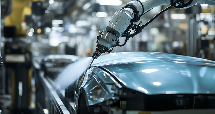 A robotic arm precisely paints the body of a car on an automated assembly line in a modern factory.
