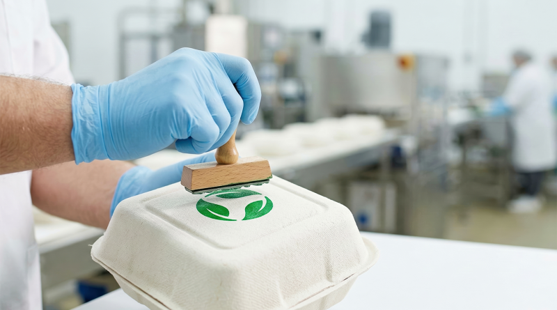 Worker applying a green sustainability stamp to biodegradable food packaging inside a modern manufacturing facility