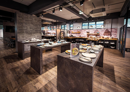 a display showroom for Churchill China, featuring their professional ceramic tableware