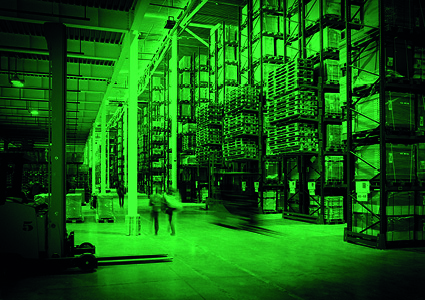 a warehouse setting with high-density storage shelving