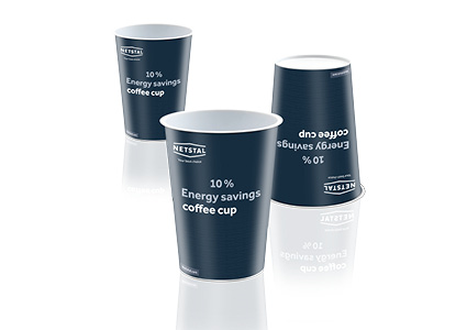 Netstal branded promotional paper cups designed to highlight their 10.5% energy savings achieved through thin-walled injection molding technology