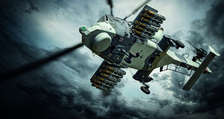low-angle shot captures a military helicopter soaring through a dark, storm-filled sky.