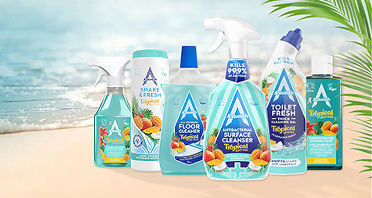 a range of Astonish household cleaning products from their "Tropical Edition" line