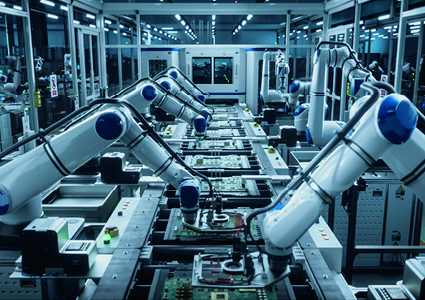robotic arms performing automated circuit board assembly on a conveyor belt within a smart factory environment