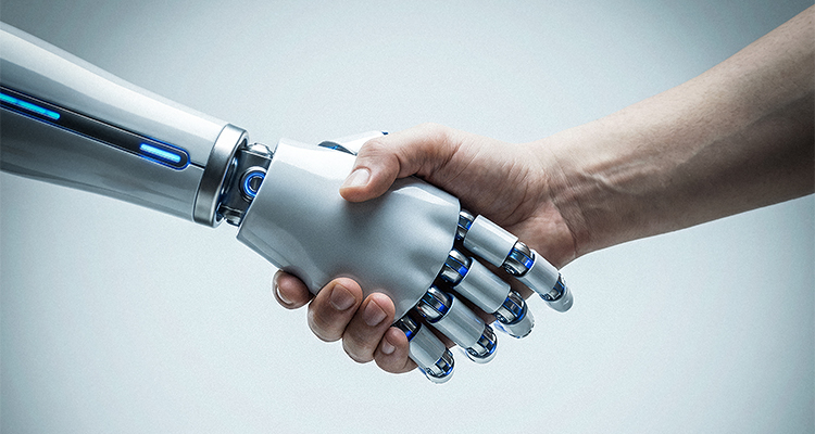 The rise of robotics and Physical AI. By Sankar Natarajan Robotic white hand with blue glowing accents shaking hands with a human hand against a solid light gray background