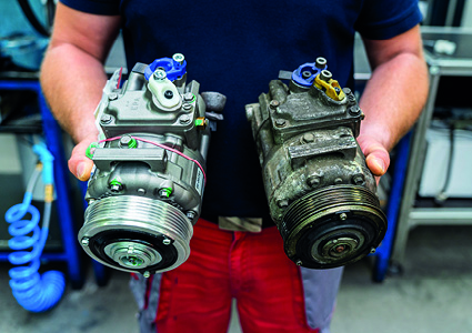 a comparison between a new or remanufactured Borg Automotive AC compressor and a used "core" unit