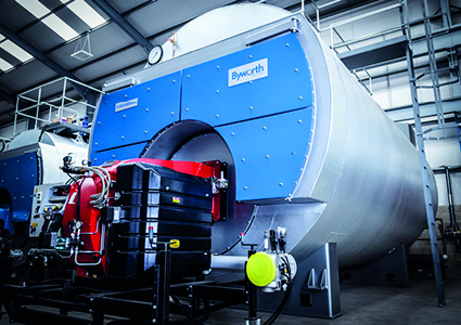 a Byworth Yorkshireman industrial steam boiler, featuring prominent blue cladding and specialized tube technology for high heat transfer
