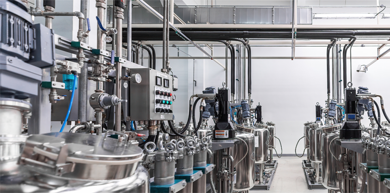 Chemistry and medicine production. Pharmaceutical factory. Interior of a high-tech factory, modern production