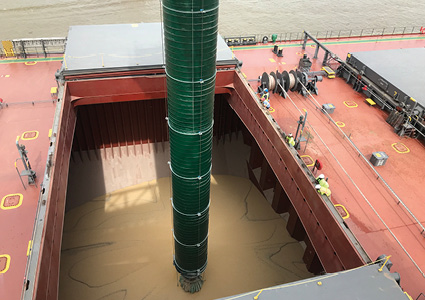 a specialized dry bulk shiploader system actively loading cargo directly into the massive open hold of a large merchant vessel.