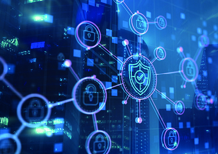an abstract, digital concept of cybersecurity and data protection