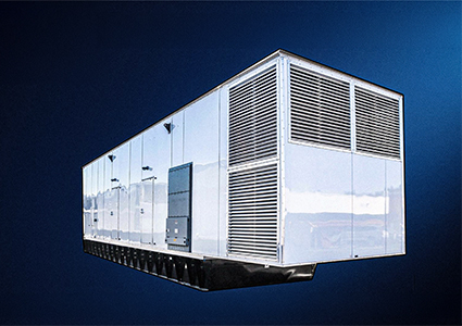 a large, industrial modular utility enclosure isolated against a dark background.