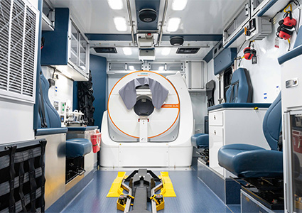 the interior of a Mobile Stroke Unit (MSU) ambulance equipped with a portable Siemens Healthineers Somatom