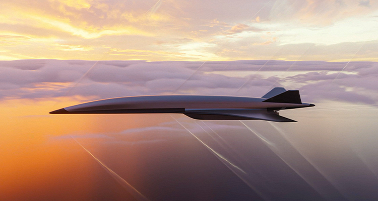 a sleek, futuristic supersonic or hypersonic concept aircraft flying above a dense bed of clouds