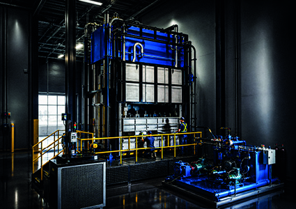 A Macrodyne GO-SPF press, engineered to support faster, more controlled superplastic forming for demanding aerospace manufacturing applications