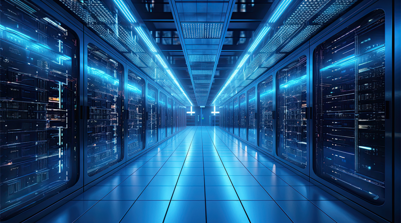 A modern data centre with rows of illuminated server racks and blue LED lighting, representing digital infrastructure, cloud computing and AI technologies.