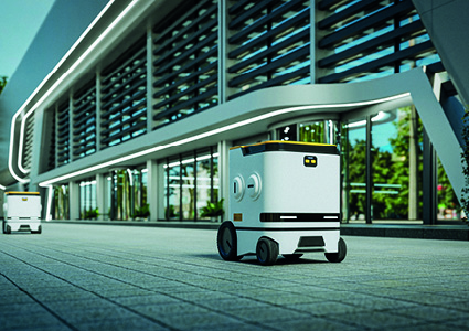 a 3D-rendered illustration of a compact, white autonomous delivery robot
