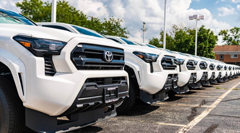 Toyota Tacoma pickup trucks in a line at Toyota's manufacturing plant in San Antonio, Texas.