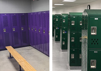two contrasting views of heavy-duty, ventilated metal athletic lockers with built-in recessed handle locks, featuring purple banks of lockers on the left and green multi-tier units on the right