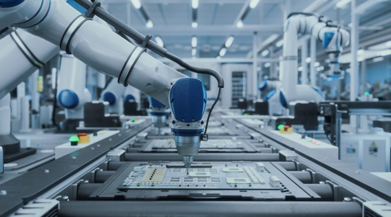 PCB manufacturing line with robot arms
